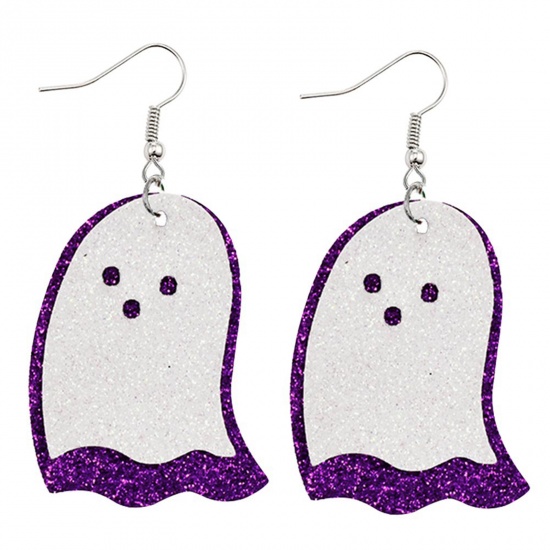 Picture of PU Leather Earrings White & Purple Halloween Ghost Glitter 71mm x 34mm, 1 Pair