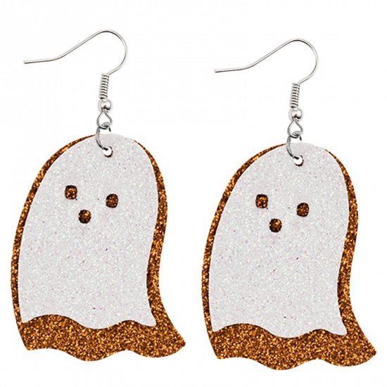 Picture of PU Leather Earrings Orange Halloween Ghost Glitter 71mm x 34mm, 1 Pair