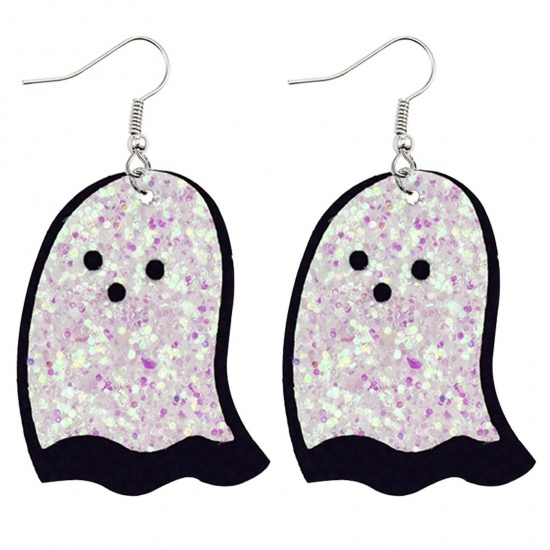 Picture of PU Leather Earrings AB Color Halloween Ghost Glitter 71mm x 34mm, 1 Pair