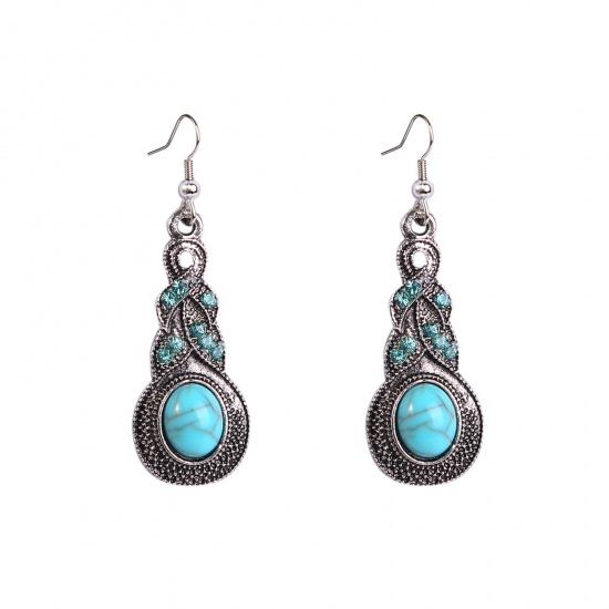 Picture of Boho Chic Bohemia Earrings Antique Silver Color Green Blue Drop With Resin Cabochons 55mm, 1 Pair