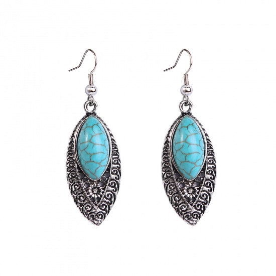 Picture of Boho Chic Bohemia Earrings Antique Silver Color Blue Marquise Carved Pattern With Resin Cabochons 55mm, 1 Pair
