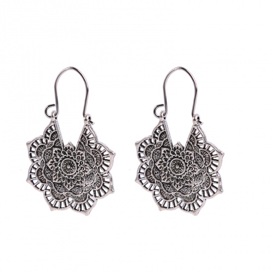 Picture of Boho Chic Bohemia Hoop Earrings Antique Silver Color Irregular Flower 45mm, 1 Pair