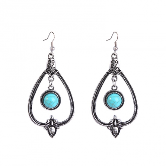 Picture of Boho Chic Bohemia Earrings Antique Silver Color Green Blue Drop With Resin Cabochons 75mm, 1 Pair
