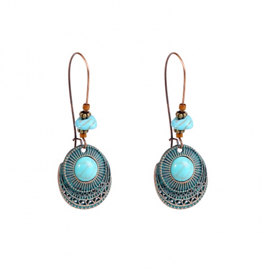 Picture of Resin Boho Chic Bohemia Hoop Earrings Antique Copper Green Blue Oval Patina 60mm, 1 Pair
