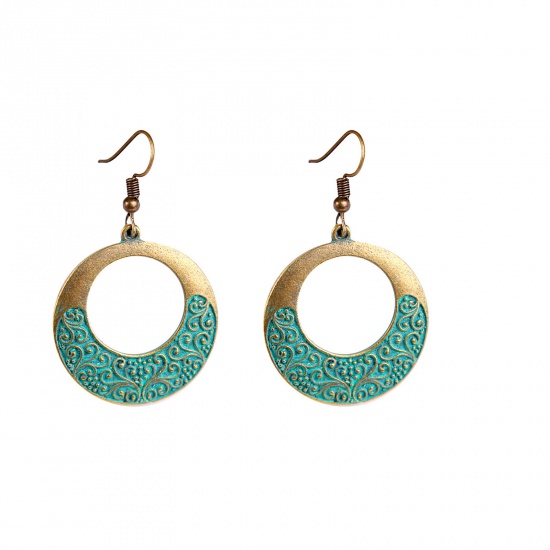 Picture of Boho Chic Bohemia Earrings Bronzed Circle Ring Carved Pattern Patina 50mm, 1 Pair
