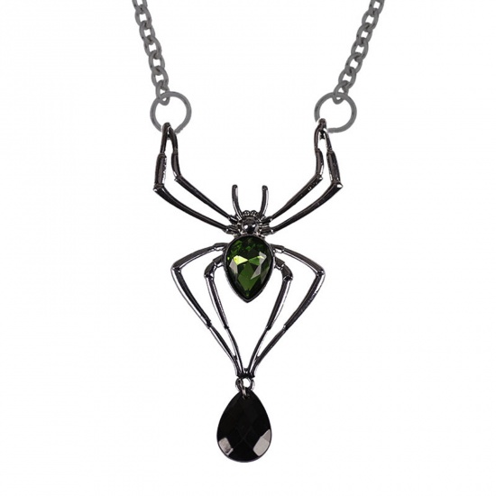 ネックレス ガンメタル ハロウィン蜘蛛 黒+グリーン ジルコン 45cm 1 本 の画像