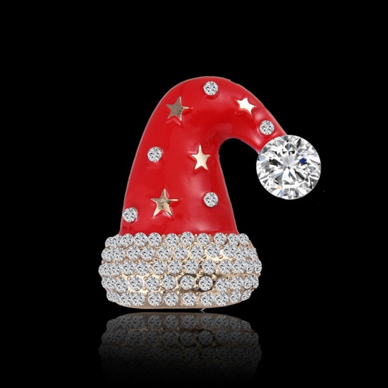 ブローチ クリスマスの帽子 五芒星 金メッキ 赤 エナメル 透明ラインストーン 44mm x 41mm、 1 個 の画像