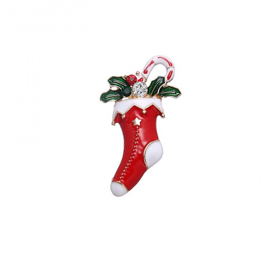 ブローチ クリスマスの靴下 金メッキ 多色 エナメル 透明 & 赤ラインストーン 50mm x 27mm、 1 個 の画像