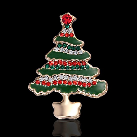 ブローチ クリスマスツリー 金メッキ 緑 エナメル 多色ラインストーン 38mm x 23mm、 1 個 の画像
