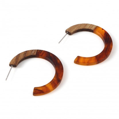 Picture of Wood Hoop Earrings Amber C Shape 3.5cm x 2.8cm, 2 PCs