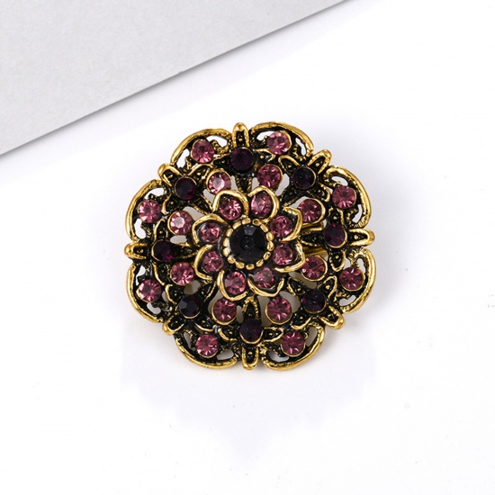 Picture of Zinc Based Alloy Pin Brooches Flower Antique Bronze Light Pink Rhinestone 3.2cm x 3.2cm, 1 Piece