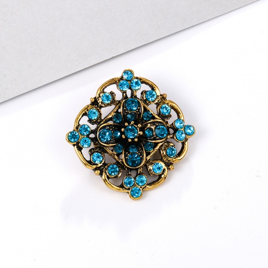 Picture of Zinc Based Alloy Pin Brooches Flower Antique Bronze Blue Rhinestone 3.5cm x 3.5cm, 1 Piece
