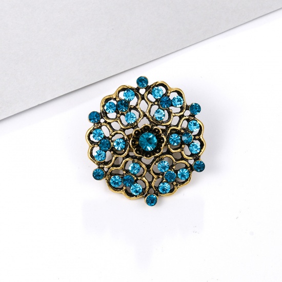 Picture of Zinc Based Alloy Pin Brooches Flower Antique Bronze Blue Rhinestone 3cm x 3cm, 1 Piece