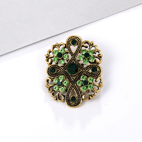 Picture of Zinc Based Alloy Pin Brooches Flower Antique Bronze Green Rhinestone 4cm x 3cm, 1 Piece
