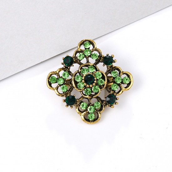 Picture of Zinc Based Alloy Pin Brooches Flower Antique Bronze Green Rhinestone 4cm x 4cm, 1 Piece