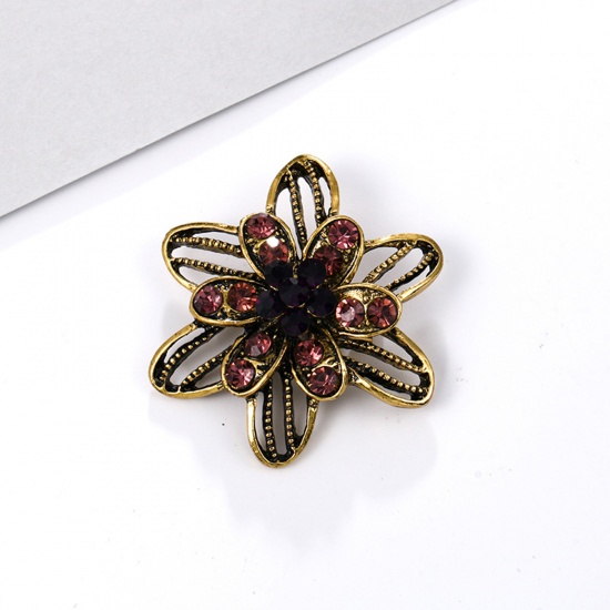 Picture of Zinc Based Alloy Pin Brooches Flower Antique Bronze Korea Pink Rhinestone 3.9cm x 3.9cm, 1 Piece