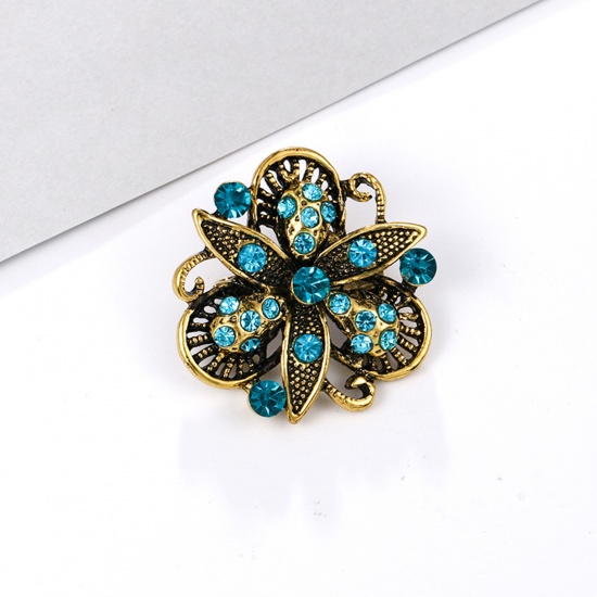 Picture of Zinc Based Alloy Pin Brooches Flower Antique Bronze Blue Rhinestone 3.3cm x 3.3cm, 1 Piece