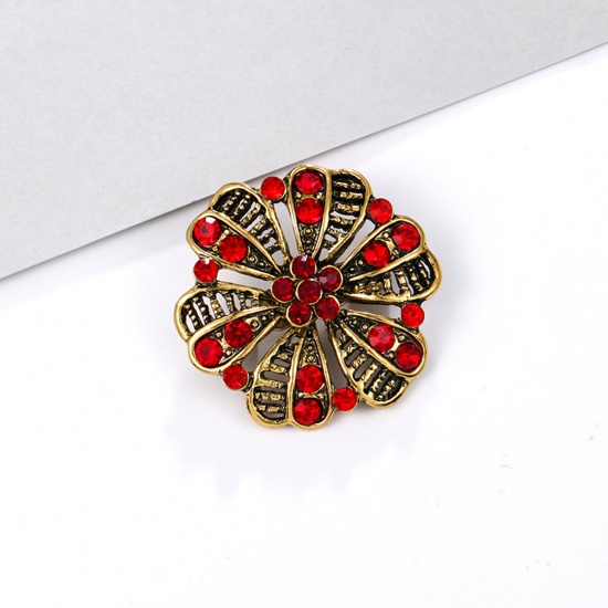 Picture of Zinc Based Alloy Pin Brooches Flower Antique Bronze Red Rhinestone 3.3cm x 3.3cm, 1 Piece