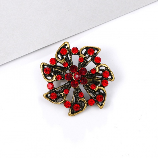 Picture of Zinc Based Alloy Pin Brooches Flower Antique Bronze Red Rhinestone 3cm x 3cm, 1 Piece