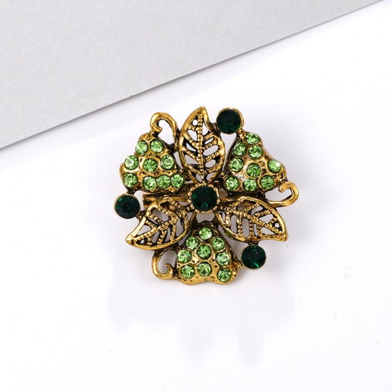 Picture of Zinc Based Alloy Pin Brooches Flower Antique Bronze Green Rhinestone 3.3cm x 3.3cm, 1 Piece