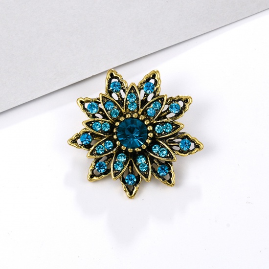 Picture of Zinc Based Alloy Pin Brooches Flower Antique Bronze Blue Rhinestone 3.2cm x 3.2cm, 1 Piece