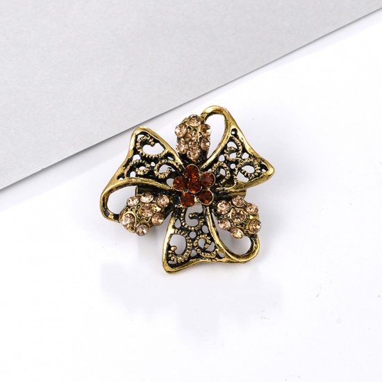 Picture of Zinc Based Alloy Pin Brooches Flower Antique Bronze Yellow Rhinestone 3.2cm x 3.2cm, 1 Piece