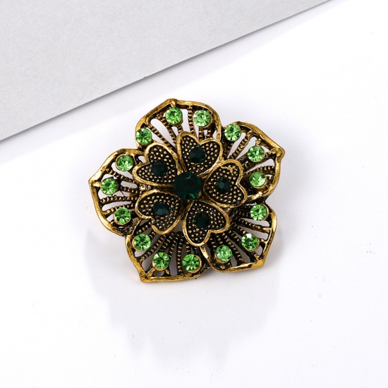 Picture of Zinc Based Alloy Pin Brooches Flower Antique Bronze Green Rhinestone 3.5cm x 3.5cm, 1 Piece