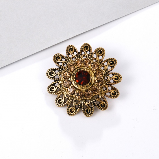 Picture of Zinc Based Alloy Pin Brooches Flower Antique Bronze Champagne Rhinestone 3.3cm x 3.3cm, 1 Piece