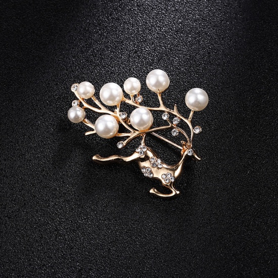 Picture of Zinc Based Alloy Pin Brooches Christmas Reindeer Gold Plated White Imitation Pearl Clear Rhinestone 5.5cm x 4cm, 1 Piece