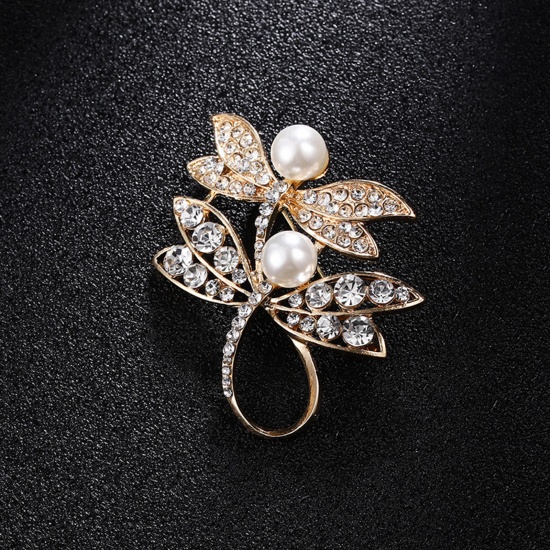 Picture of Zinc Based Alloy Pin Brooches Dragonfly Animal Gold Plated White Imitation Pearl Clear Rhinestone 4.5cm x 3.5cm, 1 Piece