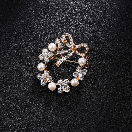 Picture of Zinc Based Alloy Pin Brooches Christmas Wreath Gold Plated White Imitation Pearl Clear Rhinestone 3.5cm x 3cm, 1 Piece