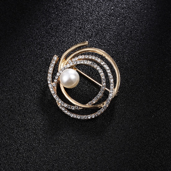 Immagine di Lega di Zinco Spilla Tondo Oro Placcato Bianco Imitata Perla Trasparente Strass 3.8cm x 3.5cm, 1 Pz