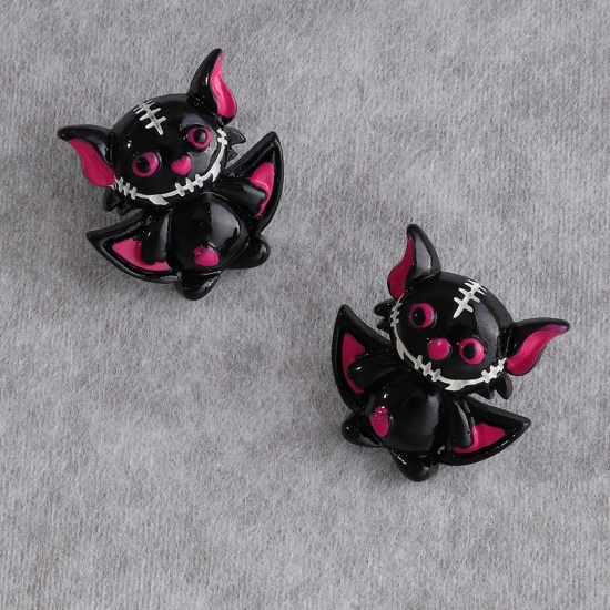 Picture of Resin Ear Post Stud Earrings Black Halloween Bat Animal 27mm x 26mm, 1 Pair