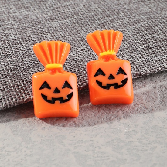 Picture of Resin Ear Post Stud Earrings Orange Candy Halloween Pumpkin 27mm x 15mm, 1 Pair