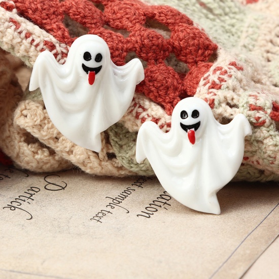 Picture of Resin Ear Post Stud Earrings White Halloween Ghost 30mm x 30mm, 1 Pair