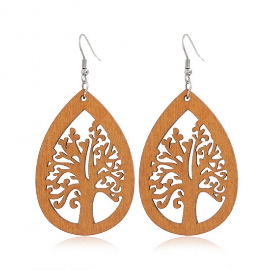 Picture of Wood Earrings Coffee Oval Tree of Life 1 Pair