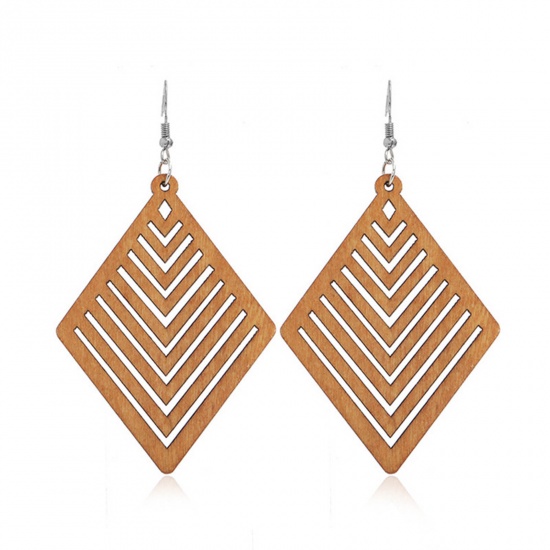 Imagen de Madera Retro Pendientes Gancho Café Diamond Hueco 9.5cm x 5cm, 1 Par