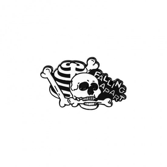 Picture of Halloween Pin Brooches Skull Black & White Enamel 31mm x 18mm, 1 Piece
