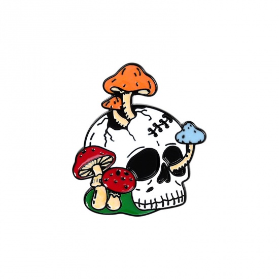 Picture of Halloween Pin Brooches Skull Mushroom Multicolor Enamel 33mm x 31mm, 1 Piece