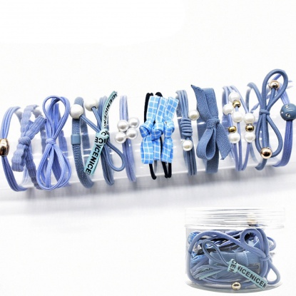 Picture of Fabric Hair Ties Band Blue Bowknot 3.8cm Dia., 1 Box ( 12PCs/Box)