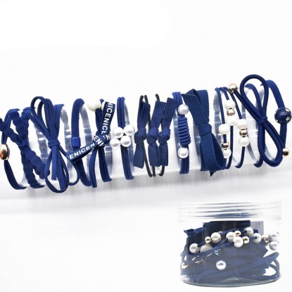 Picture of Fabric Hair Ties Band Navy Blue Bowknot 3.8cm Dia., 1 Box ( 12PCs/Box)
