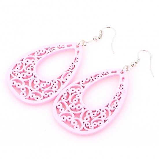 Picture of Wood Earrings Pink Drop Filigree 7.5cm x 3.5cm, 1 Pair