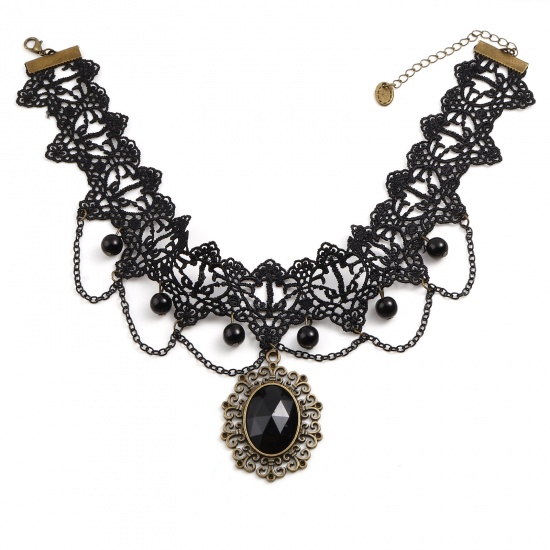 Picture of Zinc Based Alloy & Polyester Choker Necklace Antique Bronze Black Oval 35cm(13 6/8") long, 1 Piece