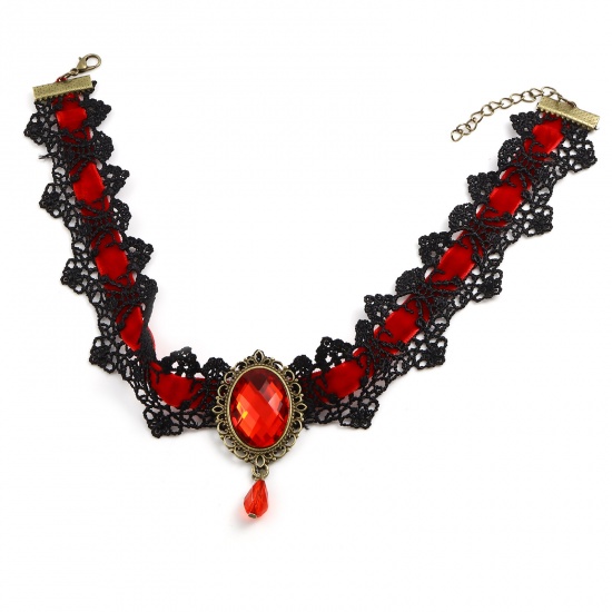 Picture of Zinc Based Alloy & Polyester Choker Necklace Antique Bronze Red Oval 34.5cm(13 5/8") long, 1 Piece
