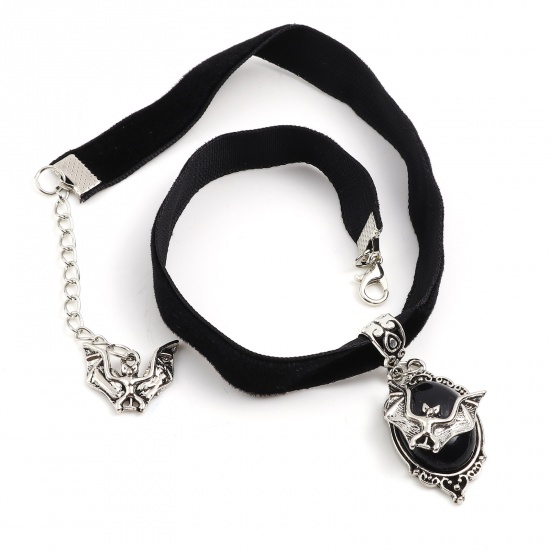Picture of Zinc Based Alloy & Velvet Choker Necklace Antique Silver Color Black Halloween Bat Animal 32cm(12 5/8") long, 1 Piece