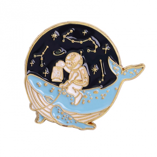 Immagine di Lega di Zinco Spilla Balena Gli Astronauti Oro Placcato Blu & Nero 3.1cm x 2.8cm, 1 Pz