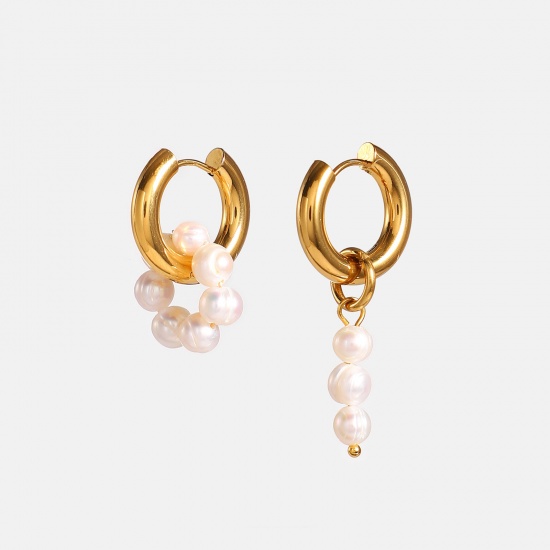 Picture of Stainless Steel & Natural Pearl Hoop Earrings Gold Plated White Circle Ring 27.5mm x 12mm 42.1mm x 12mm, 1 Pair