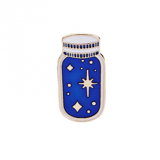 Picture of Zinc Based Alloy Pin Brooches Wish Bottle Star Gold Plated Dark Blue 30mm x 15mm, 1 Piece