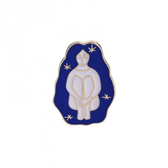 Picture of Zinc Based Alloy Pin Brooches Girl Gold Plated Dark Blue 30mm x 21mm, 1 Piece