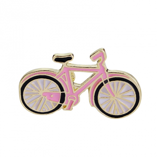 Picture of Zinc Based Alloy Pin Brooches Bicycle Gold Plated Pink 32mm x 20mm, 1 Piece